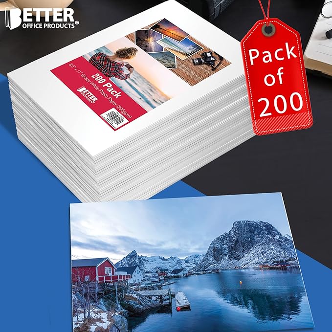 Glossy Photo Paper, 8.5 x 11 Inch, 200 Sheets, by Better Office Products, 200 gsm, Letter Size, 200-Count Pack-DeskLoop Office