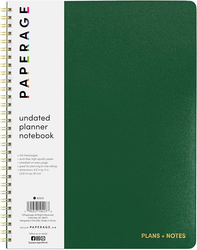 PAPERAGE Undated Daily Planner & To Do List Notepad, 8.5 in x 11 in, Spiral by PAPERAGE