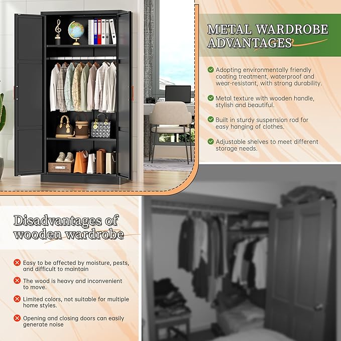 Greenvelly Metal Wardrobe Cabinet, 72" Black Armoire Metal Wardrobe Closet for Hanging Clothes with Wooden Handle, Modern Clothes Cabinet for Home, Office,Bedroom, School,Gym-DeskLoop Office