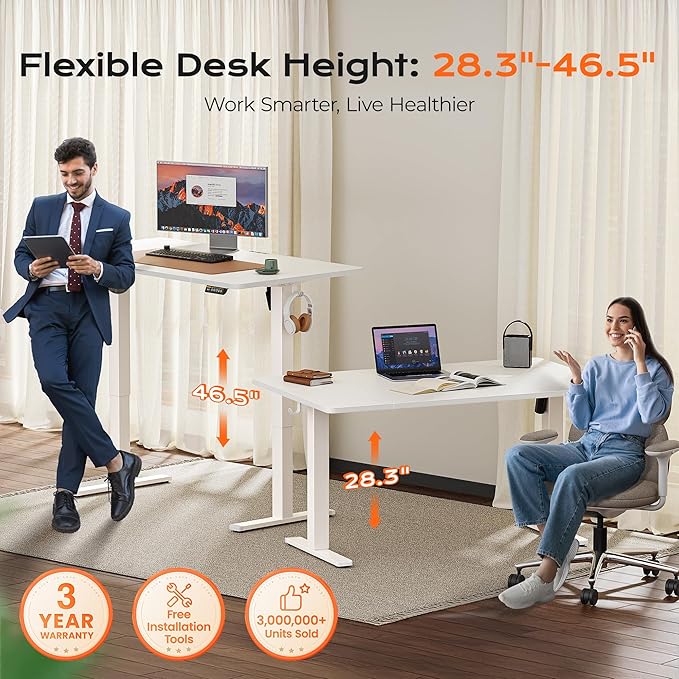 Huuger 55 x 28 Large Electric Standing Desk, Height Adjustable Copmuter Desk, 27.6" Deep Desktop, Stand up Gaming Office Table with 2 Hooks, 3 Preset Heights, for Home Office, White-DeskLoop Office