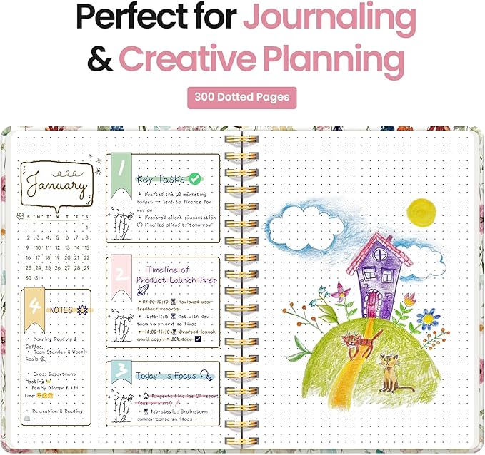 Spiral Dotted Notebook Journal for Work, 300 Pages, Thick B5 (7.1"x10") Bullet Dotted Journal for Women & Writing, Hardcover Notebook for Note Taking, Perfect for Work School Note Taking Business, Floral-DeskLoop Office