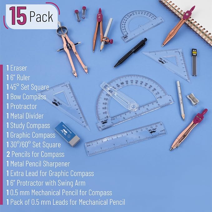 Mr. Pen- Geometry Set, Rose Gold & Pink | 6 Inch Swing Arm Protractor, Set - Image 2