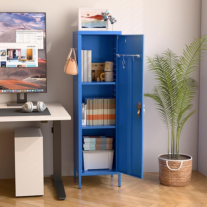 Aobabo Metal 54" H Metal Storage Locker for Employees, Lockable 1 Door with Towel Rack and 2 Side Pegboards with Hooks for School Office Gym Home, Assembly Required (Blue)-DeskLoop Office