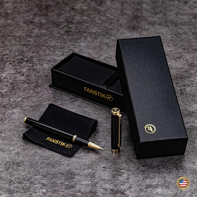 Customized Black & Gold Luxury Rollerball pen (Made In USA) fancy gift set for women, Real 24K Gold Plating, Professional executive pen gift set for men (Lux Custom-Rollerball Black-Gold)-DeskLoop Office
