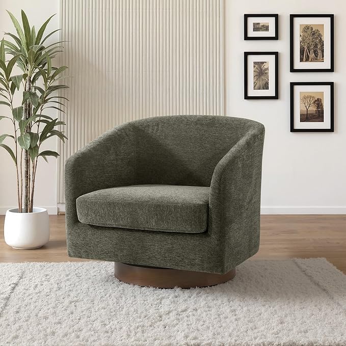 UIXE Swivel Accent Chair with Wood Base, Chenille Upholstered Barrel Chairs for Living Room, Comfy Round Armchair Single Sofa Bedroom Reading Seat - 31" W, Tan-DeskLoop Office