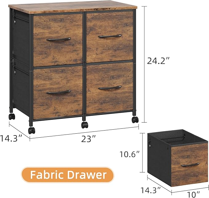 4 Drawer Lateral File Cabinet, Mobile Filing Cabinet for Large Printer, Home Office Functional Small Office Storage Cabinet & Printer Stand, Fabric Drawer, Fits Letter/A4, Rustic Brown-DeskLoop Office