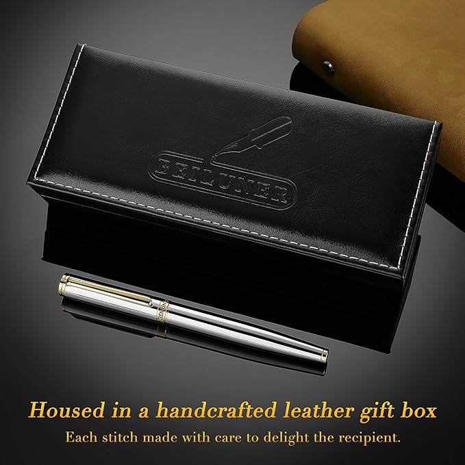 BEILUNER Silver Chrome Fountain Pen,Stunning Luxury Pens with 24K Gold Accents, Gorgeous 24K Gilded Nib(Fine), Ink Converter,Fancy Pen Gift for Men&Women-Elegant, Office, Reliable,Nice for Writing-DeskLoop Office