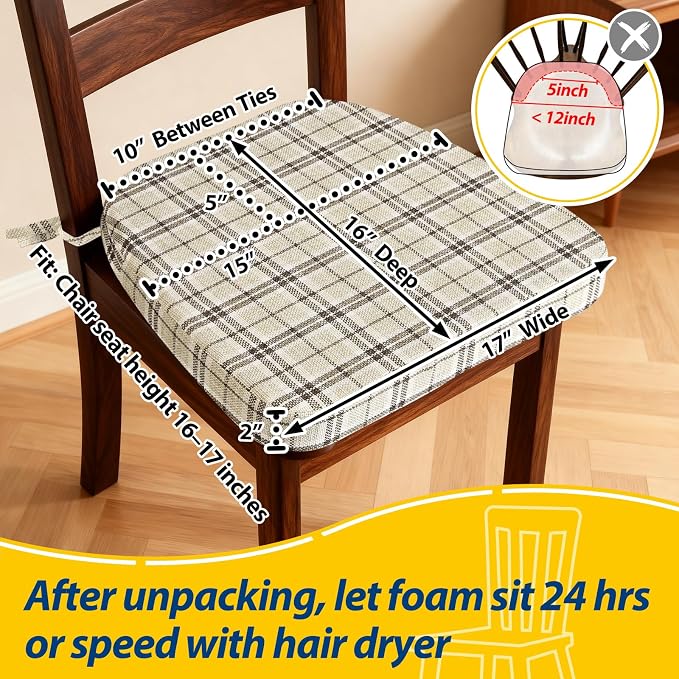 AAAAAcessories D-Shaped Chair Cushions, Machine-Washable Cover, Tan Plaid - Image 2