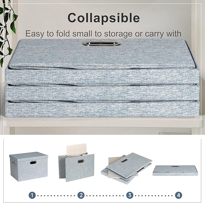 Large 17" 36 Quart Collapsible Stackable Storage Bins with Lids, 3 Packs Blue-Grey Linen Fabric Closet Boxes with Lids, Storage Cube Baskets Container Organizers for Bedroom (17x12x11)-DeskLoop Office