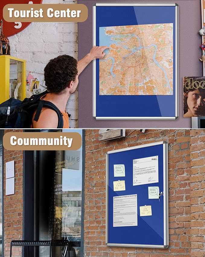 38"x28" Enclosed Bulletin Board, Lockable Weather-Resistant Aluminum Cork Noticeboard for School & Office, Silver Frame w/Blue Flet-DeskLoop Office