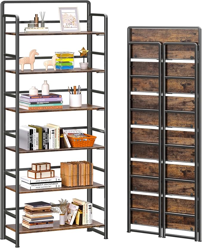 4NM No Assembly 6 Tiers Folding Bookshelf Storage Shelves Vintage Bookcase by 4NM