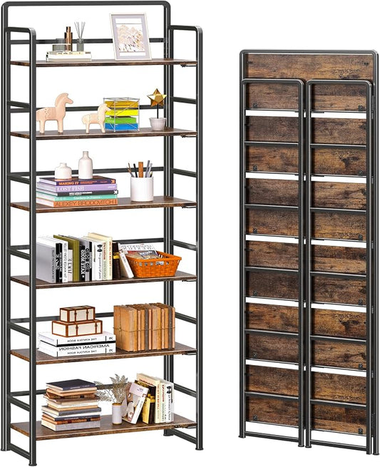 4NM No Assembly 6 Tiers Folding Bookshelf Storage Shelves Vintage Bookcase by 4NM