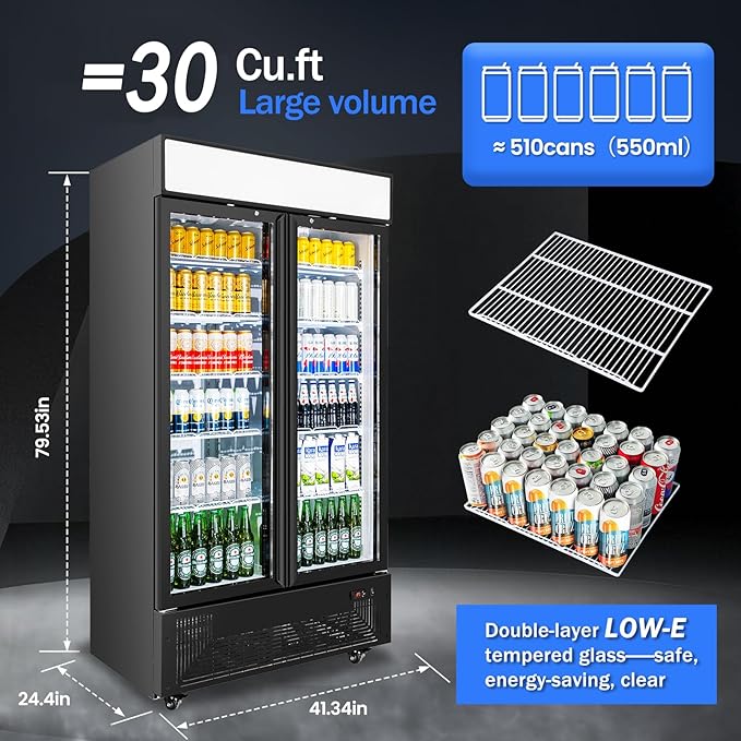 Commercial Merchandiser Display Refrigerator with 2 Glass Doors 30 Cu.ft Beverage Back Bar Cooler Black Drink Fridge for Convenience Stores, Supermarkets,Bars,Offices-DeskLoop Office