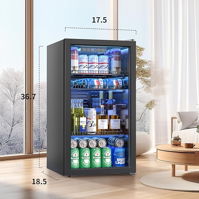 Beverage Refrigerator Cooler, 120 Can Drink Fridge with Glass Door for Soda Beer or Wine, Digital Temperature Control, Mini Fridge for Bedroom, Bar, Office (Black, 3.23 Cu.Ft)-DeskLoop Office