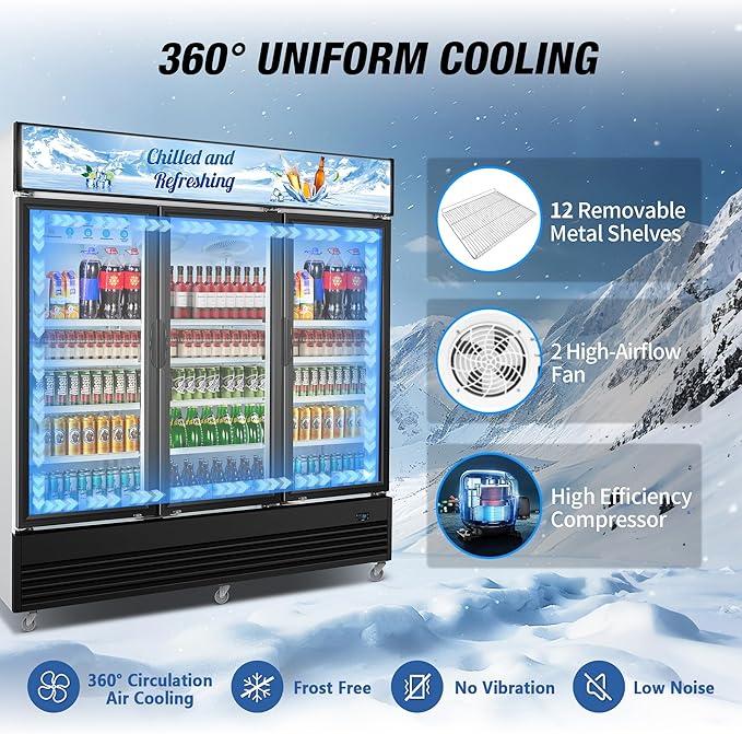 Commercial Beverage Refrigerator, 75" W 60 Cu. Ft. Commercial Drink Fridge, Display Refrigerator with 3 Glass Door, Commercial Display Fridge with 12 Adjustable Shelves, for Shop, Restaurant, Bar-DeskLoop Office