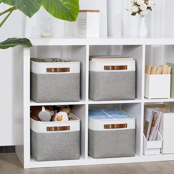 DULLEMELO Fabric Baskets for Storage, Office, Home,Nursery,Organizing Baskets for Shelves, Bedroom, Toys,Gift,Fabric Storage Basket with Handles(White&Grey,15"x11"x9.5",4-Pack)-DeskLoop Office