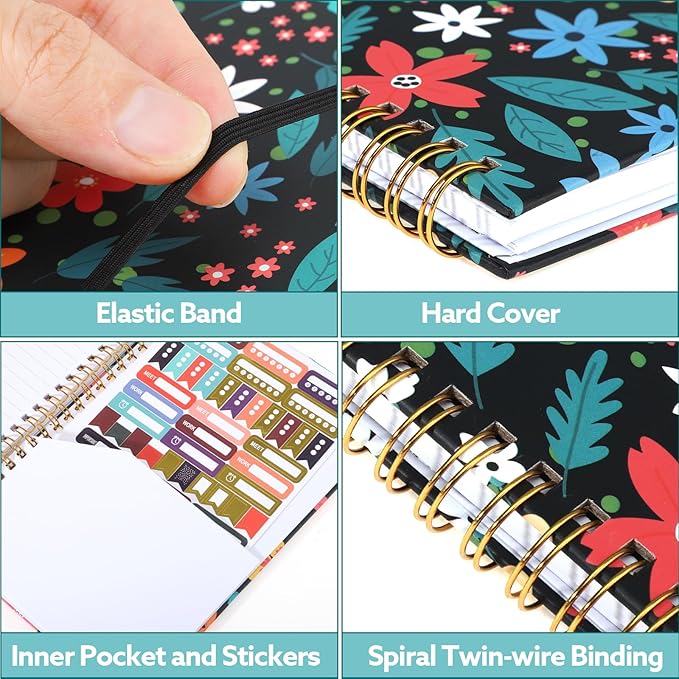 Lined Spiral Notebook, 140 Pages College Ruled Journal for Women A5 Journaling Notebooks for Work & Note Taking Perfect for Men Women Office Home School, 5.9" x 8.3" - Black Flower-DeskLoop Office