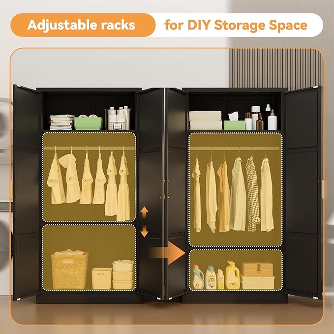 INTERGREAT Metal Storage Cabinet with Hanging Rail, Black Armoire Wardrobe Closet with 2 Doors,72" H Storage Closet Cabinets with Adjustable Shelves and Removable Hanging Rods-DeskLoop Office