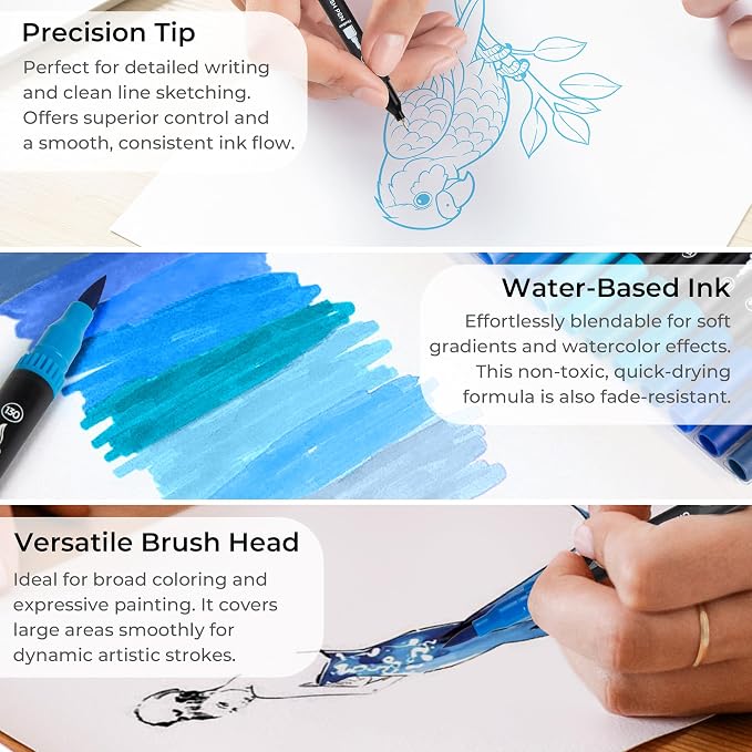 ZSCM Blue Duo Tip Marker Pens, 12 Pack Fine & Brush Markers - Image 3