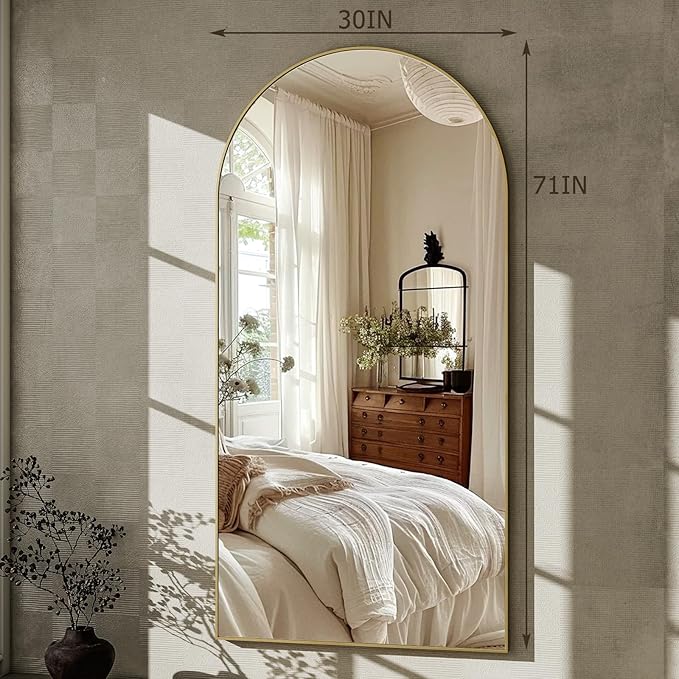 GLSLAND-30x71 inch Wall Mount Arched Full Length Mirror-Aluminum Alloy Frame High Definition-Full Body Mirror for Bedroom or Living Room,Gold-DeskLoop Office