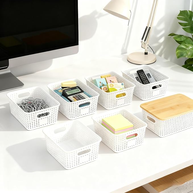 6Pcs Storage Bins with Lids, Stackable Plastic Storage Basket with Bamboo Lid - Image 4