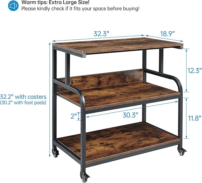 32.3" Wide Extra Large Printer Stand, 3 Tier Printer Table with Adjustable Storage Shelf, Rolling Printer Cart with Industrial Wheels for Home Office, Rustic Brown-DeskLoop Office