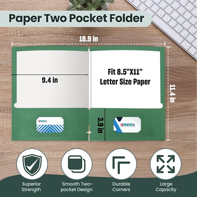 ®100 Packs Green Two Pocket Folders, File Folder - Image 2