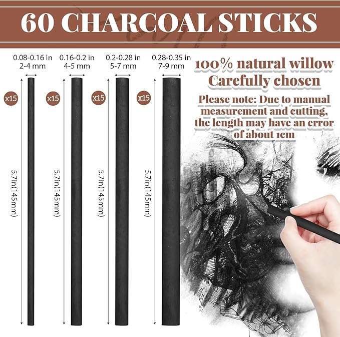 Gueevin 60 Pcs Willow Charcoal Sticks, Willow Charcoal, Artists, Beginners, Students, Perfect for Sketching, Drawing, Shading, and Fine Art (2-4mm，4-5mm，5-7mm，7-9mm)-DeskLoop Office