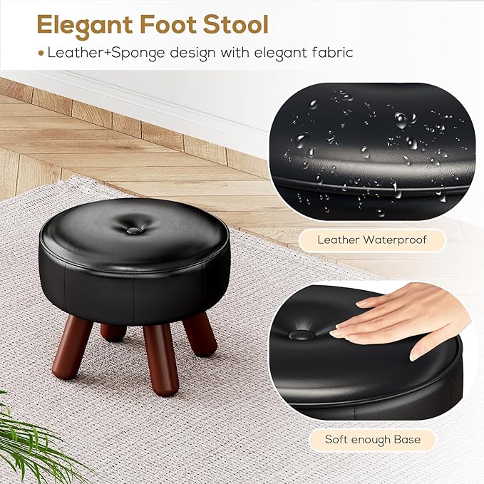 13in Small Foot Stool Ottoman, Round Faux Leather Foot Rest, Footstool Ottomans with Rubber Legs Under Desk, Footrest for Couch, Living Room, Bedroom, Office, 13''L x 13''W x 10.2''H, Black-DeskLoop Office