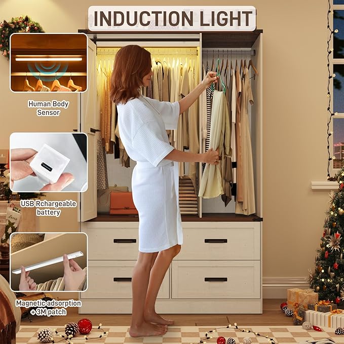 Farmhouse 3 Doors Armoire Wardrobe Closet w/Folding Sliding Barn Door and Lights, LED Armoire Closet w/Drawers for Bedroom, Freestanding Wooden Wardrobe Storage Closets w/Hanging Rod,Antique White-DeskLoop Office