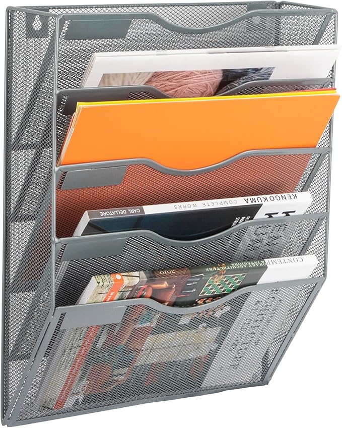 EASEPRES 5 Pocket Mesh Hanging Wall File Organizer, Wall Mounted Mail Paper Document Folder Holder, Clipboard Storage Organization Magazine Rack with Nametag Label for Office Home School, Gray-DeskLoop Office