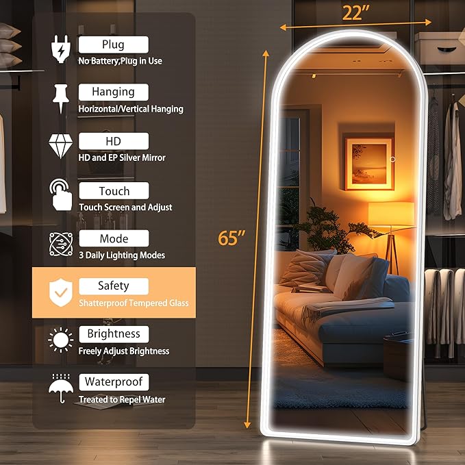 Hasipu 65" x 22" Led Mirror Full Length, Full Body Mirror with Lights, Arch Design, Wall Mounted, Modern Style-DeskLoop Office
