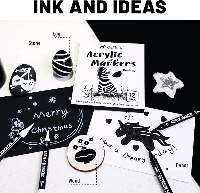 Pagather Black and White Acrylic Paint Markers, 12 Pack Dual Tip - Image 6