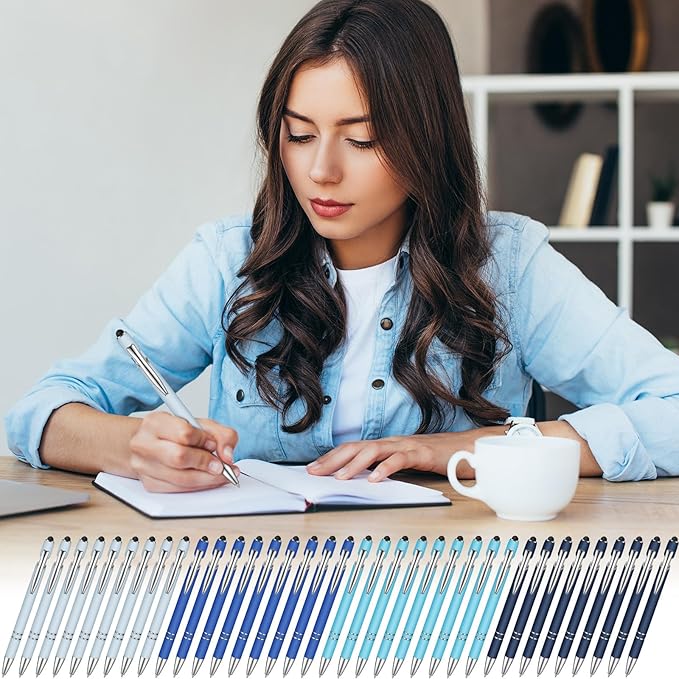 Zonon 38 Pieces Rubberized Ballpoint Pen with Stylus Tip Stylish Metal Pen Capacitive Styli with Soft Rubberized Grip, Black Ink for Most Devices (Blue Series)-DeskLoop Office