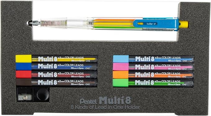 Pentel 8 Color Automatic Pencil Box Set, 8 Color Lead Refills and Sharpener - Image 2