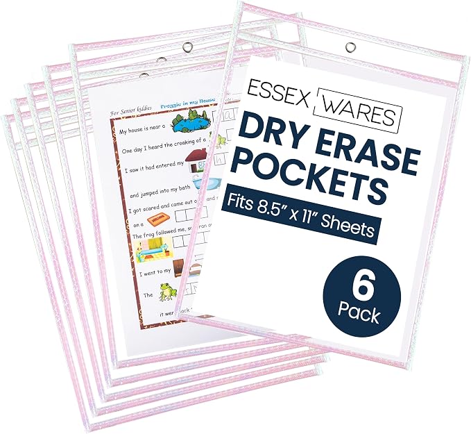 Essex Wares - 6 Pack, Water-Resistant Dry Erase Pocket Document Protectors by EssexWares