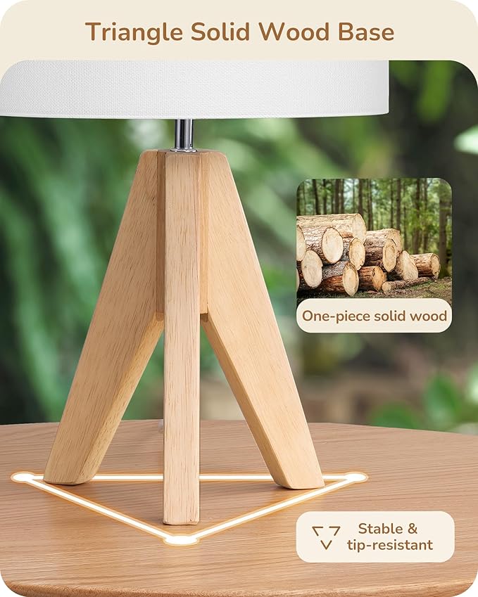 EDISHINE Small Cute Table Lamp, Wood Tripod Nightstand Lamp, Mid Century - Image 2