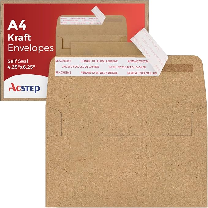 ACSTEP 100Pack A4 Envelopes 4-1/4 X6-1/4 Inch Self Seal Brown Kraft 4X6 by ACSTEP