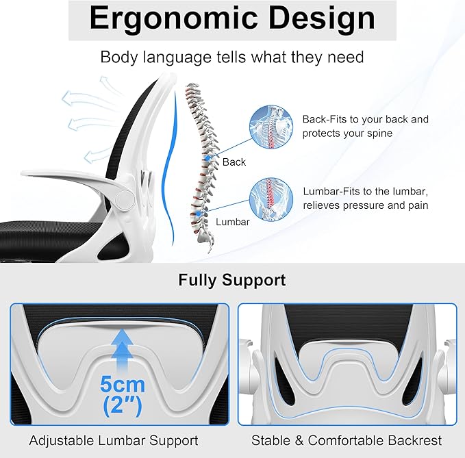 Drafting Chair Tall Office Chair with Flip-up Armrests, Adjustable Height, and Enhanced Lumbar Support - Ergonomic Rolling Stool, Back Support, and Adjustable Foot Rest Ring for Standing Desk White-DeskLoop Office