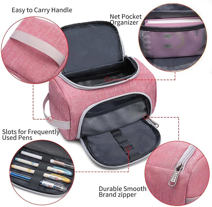 XQXA Extra Large Capacity Pencil Case Organizer, Multifunctional Pencil Pouch with Compartmens, Travel Simple Stationery Bag, Nylon Pencil Bag for Adults (Pink)-DeskLoop Office