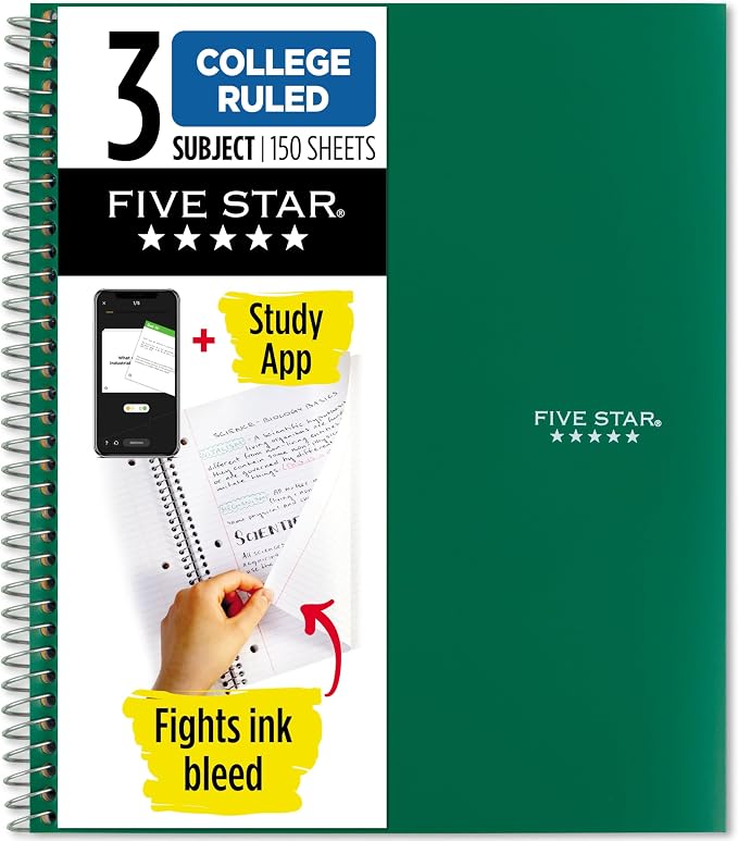 Five Star Spiral Notebook + Study App, 3 Subject, College Ruled Paper, Fights by FiveStar