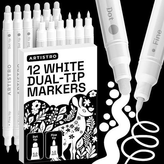 ARTISTRO 12 White Dual-Tip Acrylic Paint Markers – Paint Pens Set by ARTISTRO
