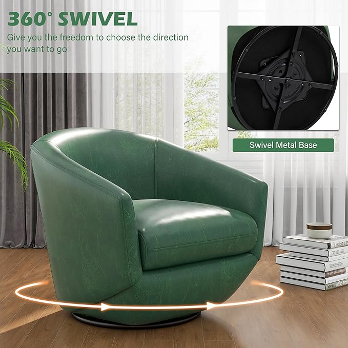 UIXE 360° Swivel Barrel Accent Chair, PU Leather Upholstered Club Armchair for Living Room, Modern Round Arm Chair Single Sofa Bedroom Reading Seating (Green)-DeskLoop Office