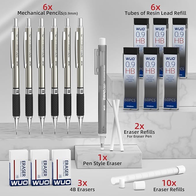 WUO 0.9mm Mechanical Pencil Set in Storage Case, 1 Eraser Pen, 12 Eraser Refills - Image 8