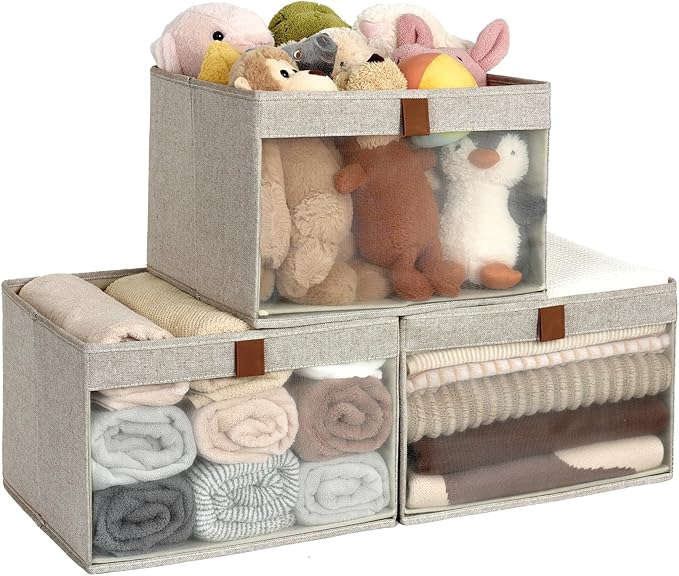 StorageWorks Closet Storage Bins, Large Storage Baskets with Clear Window and Handles, Foldable Fabric Organizer for Clothes, Shelves, Brown and Beige, 3 Pack-DeskLoop Office