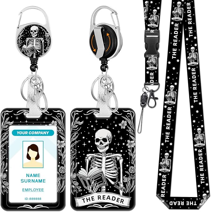 Hancynir Goth Book Lanyards for Id Badges, Funny Skull Skeleton Floral Badge by Hancynir