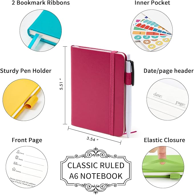 feela Pocket Small Notebooks Bulk, Mini Cute Notepads Hardcover College Ruled Lined Journals with Pen Holder for School Business Memos, with 15 Black Pens, 3.5”x 5.5”, 15 Pack, A6, Solid Colors-DeskLoop Office