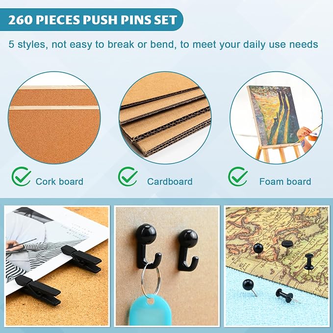 260 Pcs Push Pins Set 5 Styles Black Thumb Tacks Cute Push Pins - Image 4