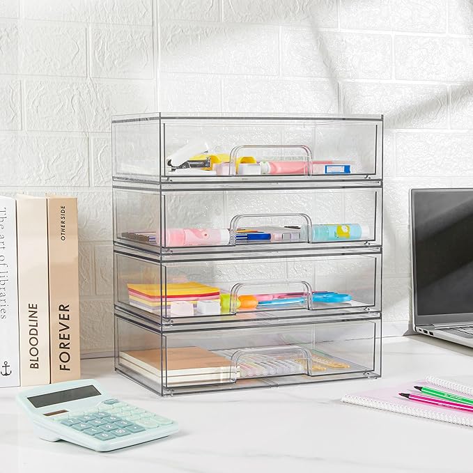 Vtopmart 12.1''W Clear Stackable Storage Drawers,6 Pack Acrylic Plastic Organizers Bins for Makeup Palettes, Cosmetics, and Beauty Supplies,Ideal for Vanity, Bathroom,Cabinet,Desk Organization-DeskLoop Office
