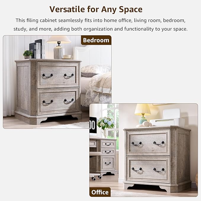 T4TREAM 2 Drawer File Cabinet-30 Wide Wooden Extended Desktop, Farmhouse Filing Cabinet with Smooth Rails, Holds Letter/Legal/A4, Hexagonal Design & Framed Drawer Fronts, Light Rustic Oak-DeskLoop Office